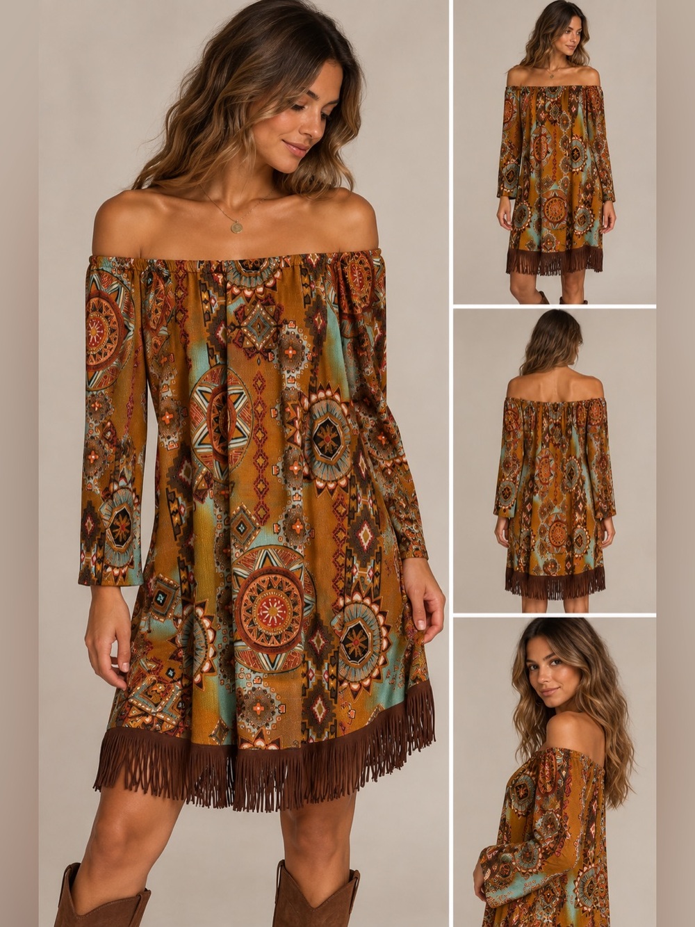 By Together One-Shoulder Boho Fringe Dress in Rust Multi